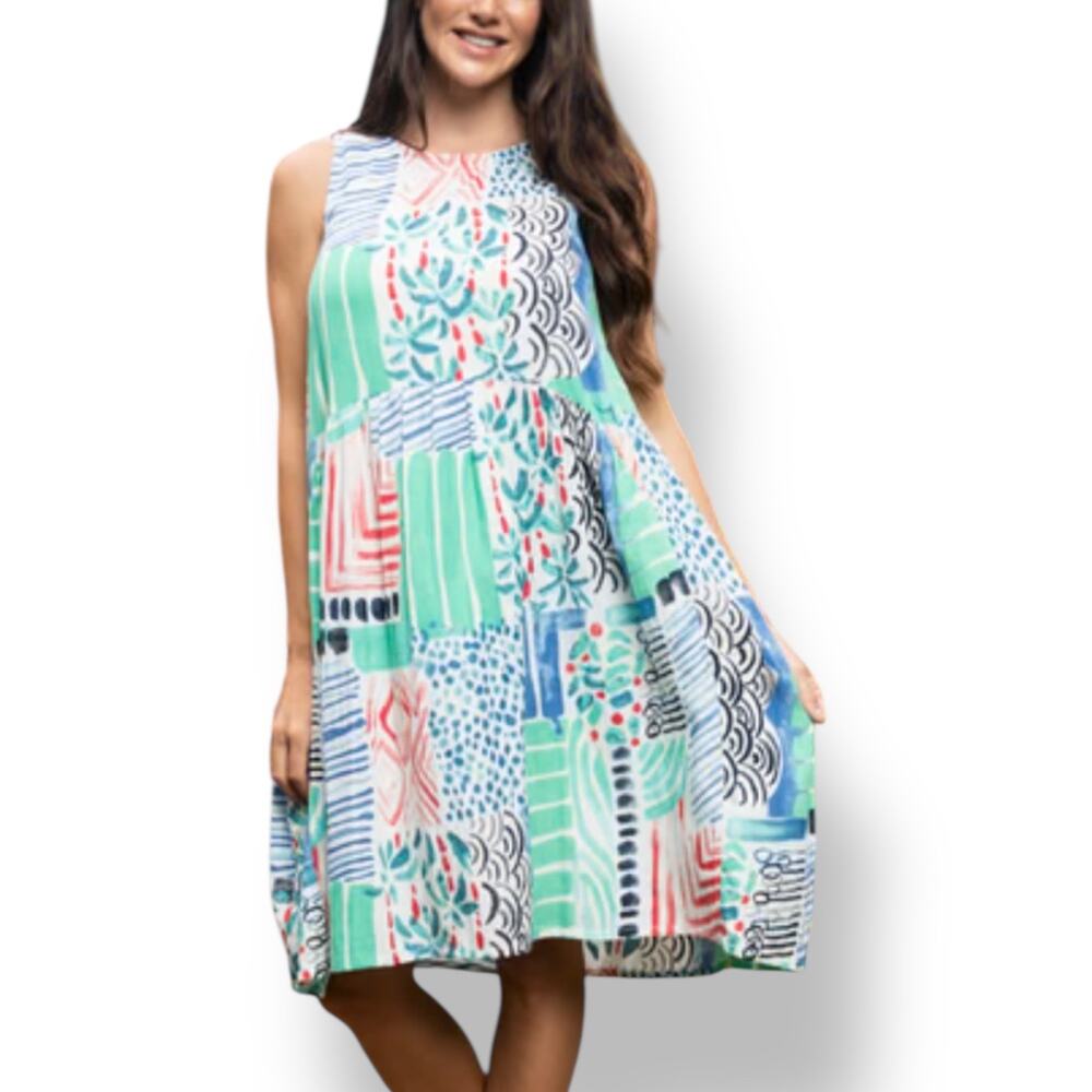 Orientique Abstract Art Print Dress Blue Green Sleeveless XL Linen Blend A-line
